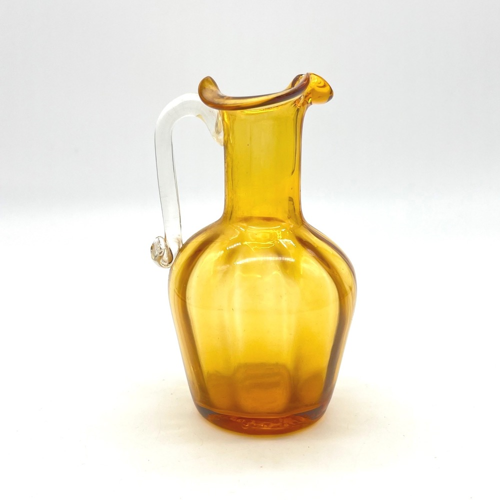Amber Blown Glass Mini Pitcher Small Decorative Carafe with Handle Fluted Rim